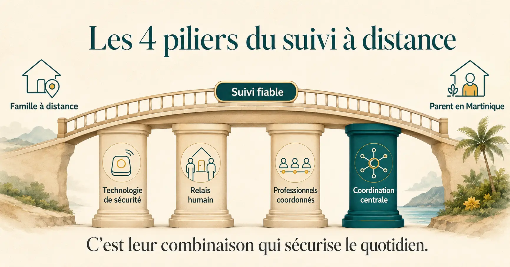 Infographie des quatre piliers nécessaires au suivi d'un parent âgé à distance