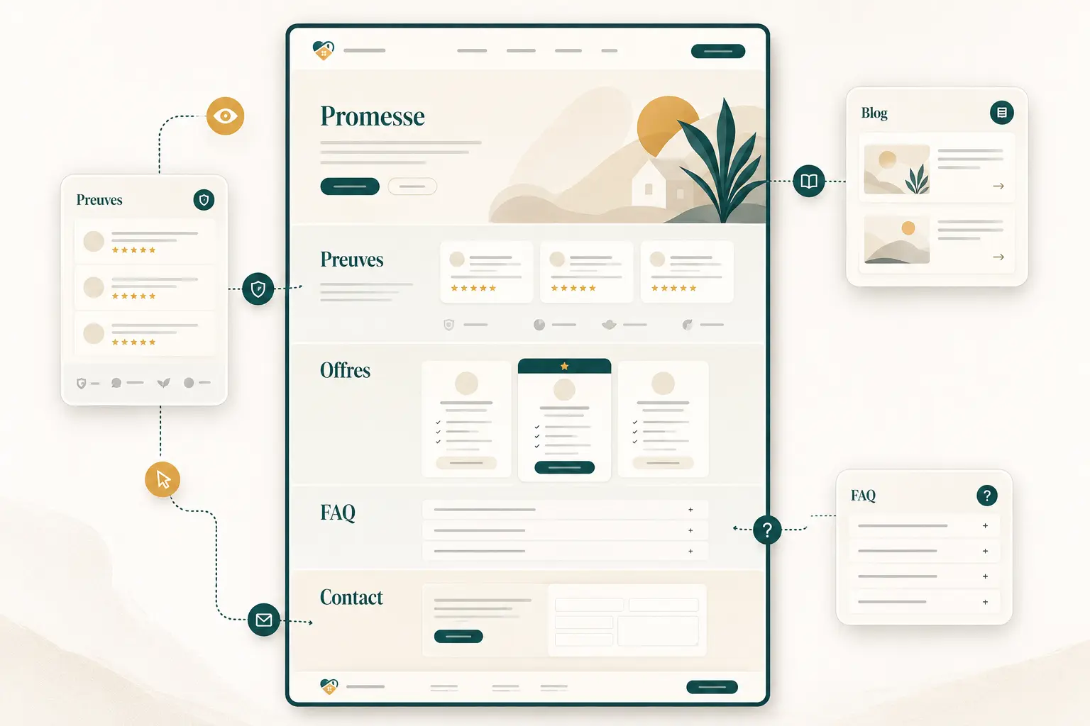 Wireframe du site Novaelle montrant la hiérarchie des offres et le CTA